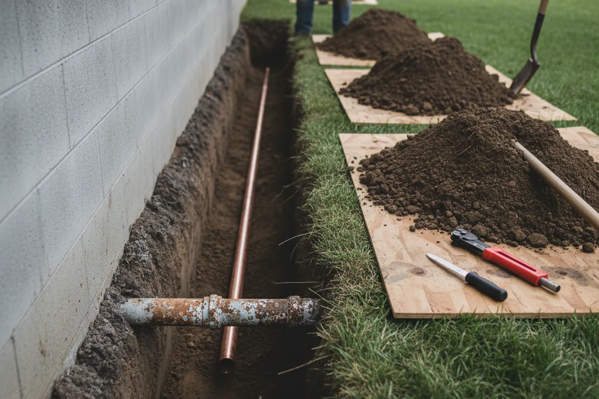 Excavated water line trench during Sewer Line Repair in Hays